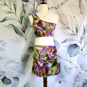 SHEIN | Allover Print One Shoulder Crop Top & Split Twist Side Skirt sz XS